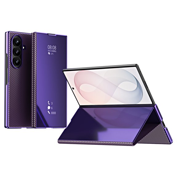 Sleektime Luxury Case For Samsung Galaxy Z Fold 7, Clear View Mirror Flip Cover with Carbon Fiber Back, Slim Fit Built-in Kickstand Shockproof Case For Samsung Galaxy Z Fold 7,Purple