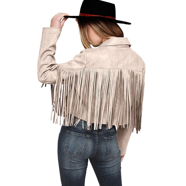 Abrigo PRETTYGARDEN Chaqueta de Gamuza Sintética con Flecos para Mujer Beige XXL