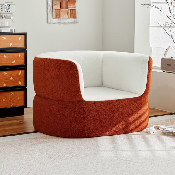 ATJafurn Faux Shearling Boneless Armchair, Orange-White Round Floor Accent Upholstered Single Sofa for Balcony, Living Room, No Assembly Required