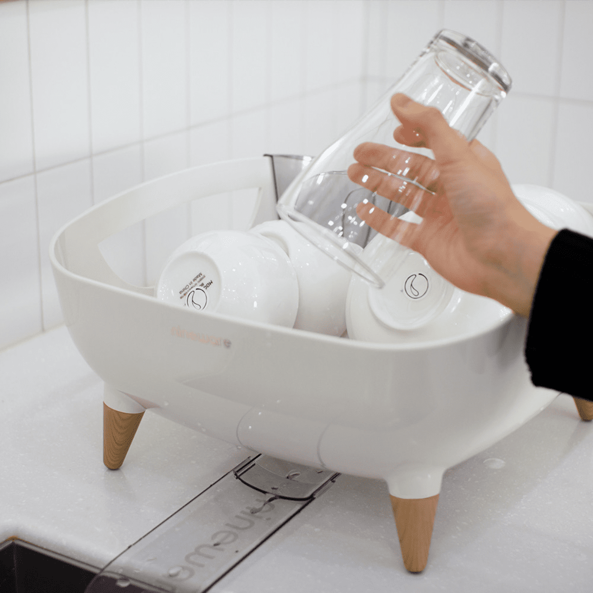 Nineware Kitchen Counter Compact Dish Drying Rack Over The Sink, 360° Rotatable Water Drain, Utensil Holder Included, Made in Korea (Cream White)