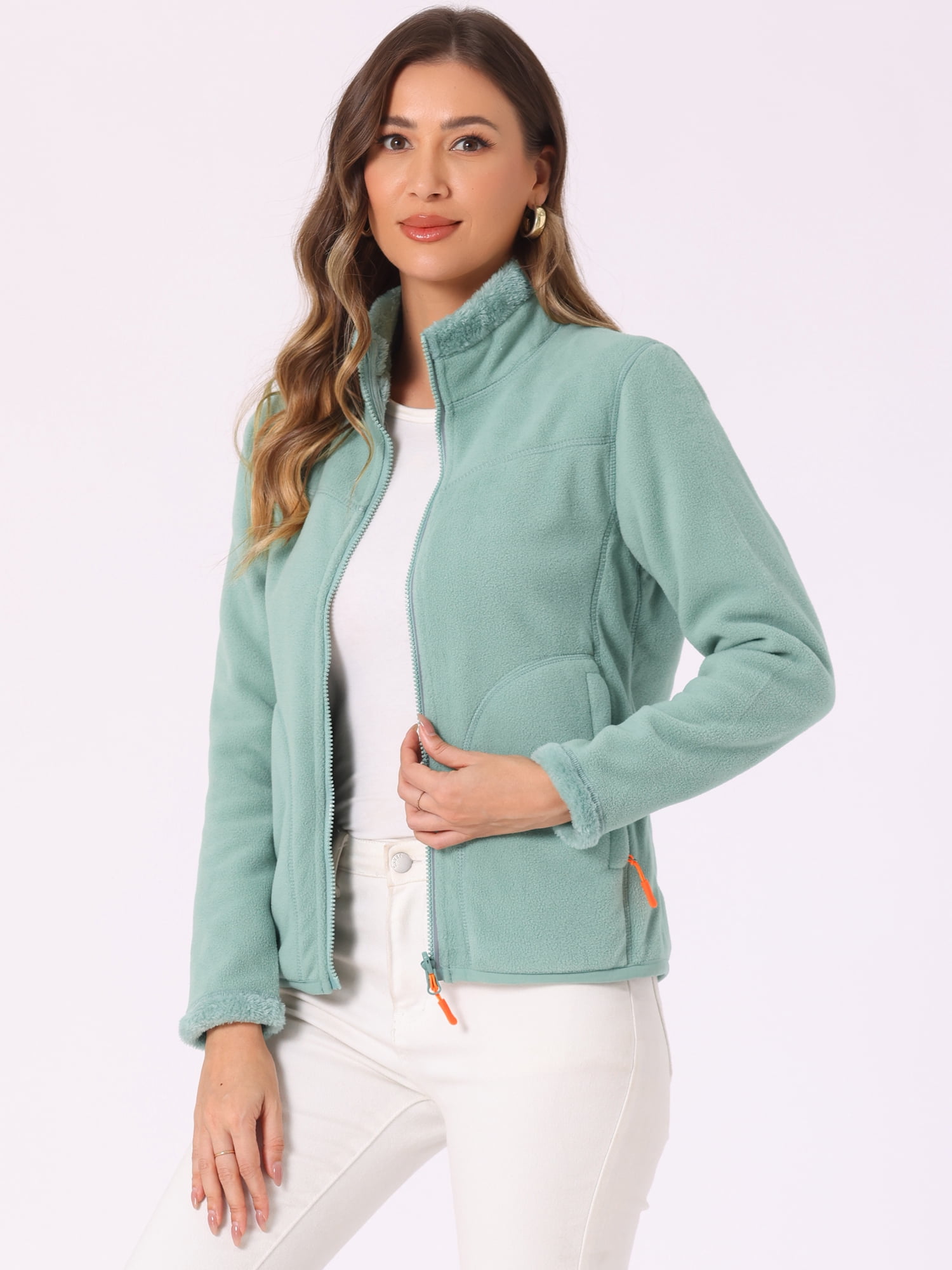 Unique Bargains Women's High Neck Full Zip Fleece Jacket Coat M Green
