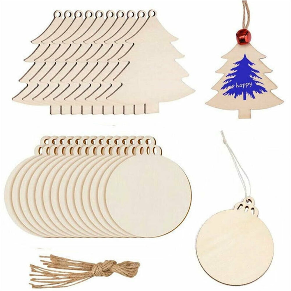 TONAK Unfinished Wood Pieces Wooden Ornaments Christmas Crafts Supplies for Kids Predrilled Blank Hearts Tree Round Wood Slices to Paint DIY Christmas Hanging Decoration 40pcs 3 