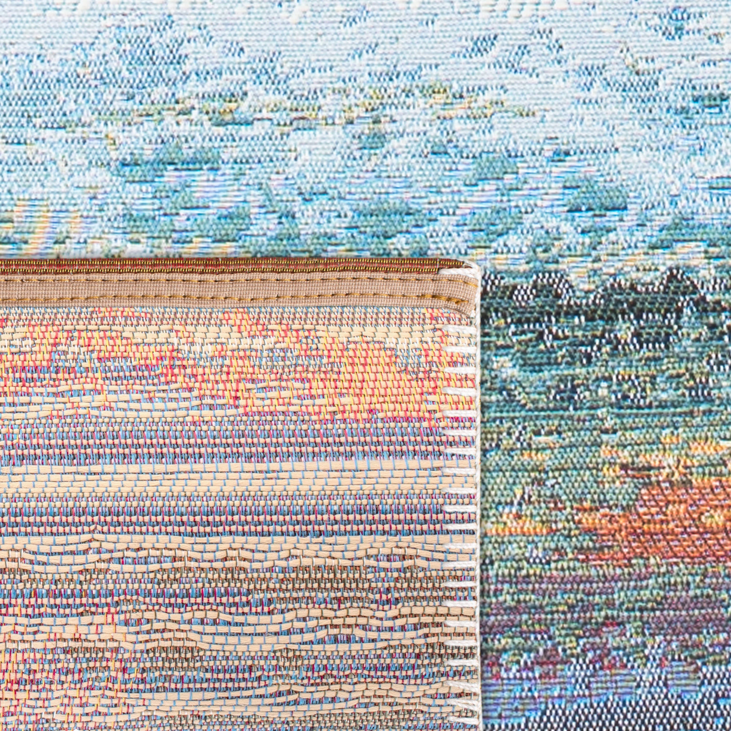 SAFAVIEH Barbados Abstract Beach Outdoor Area Rug, Light Blue/Pink, 5'3" x 5'3" Square