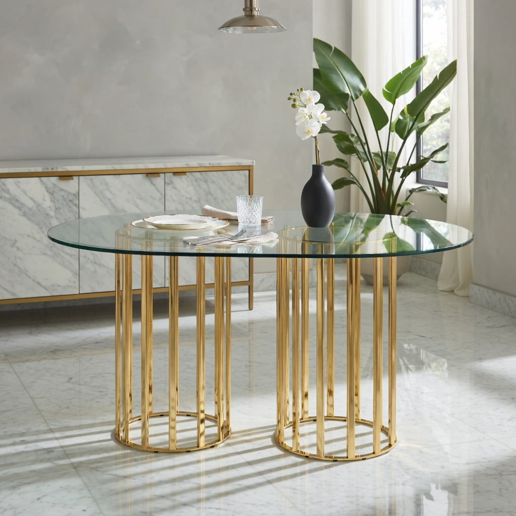 Hommoo 71-inch Oval Tempered Glass Dining Table with Double Column Base, Light Luxury Modern Design for 6-8 People, Scratch-Resistant & Easy-Clean Tabletop, Gold