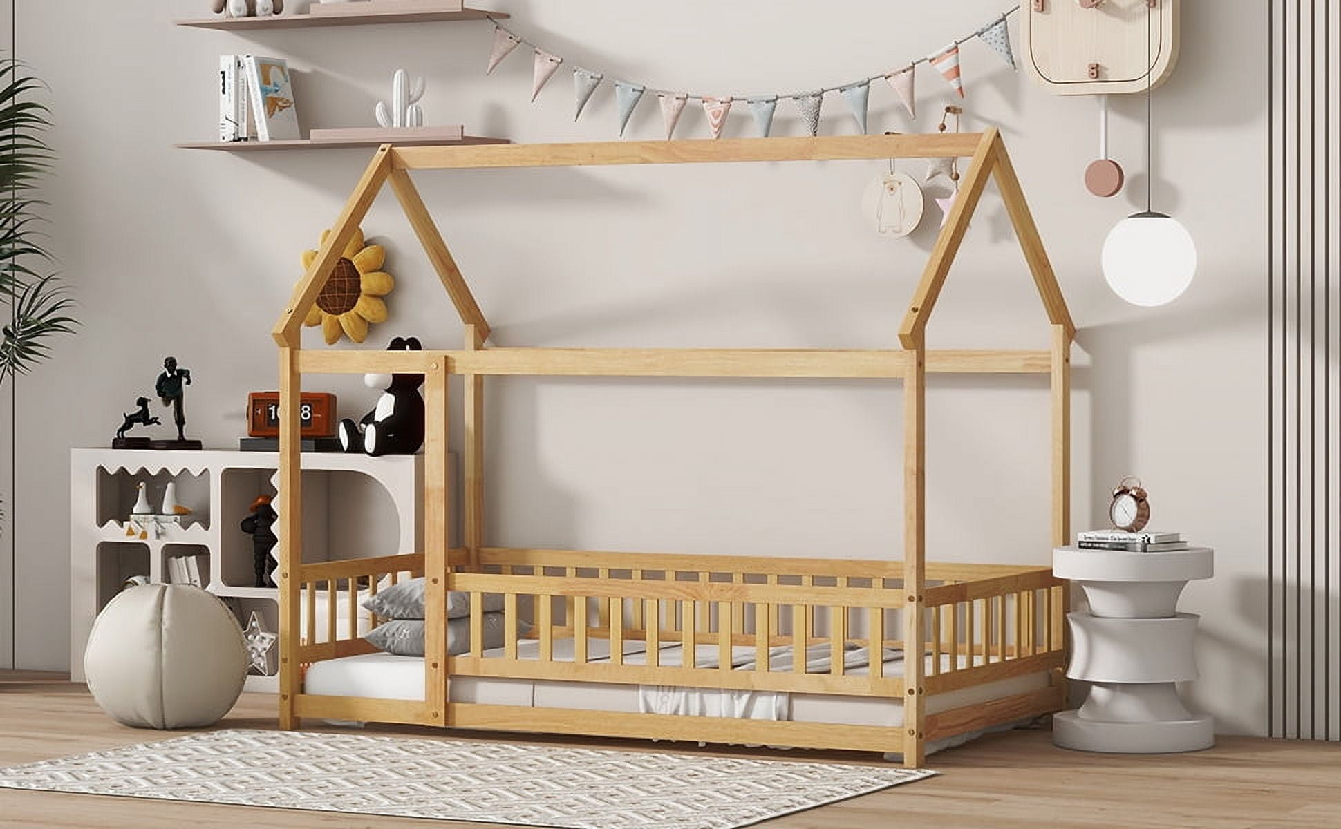 Twin Size House Floor Bed Frame,Wooden Montessori Floor Bed with Fence ,, Natural