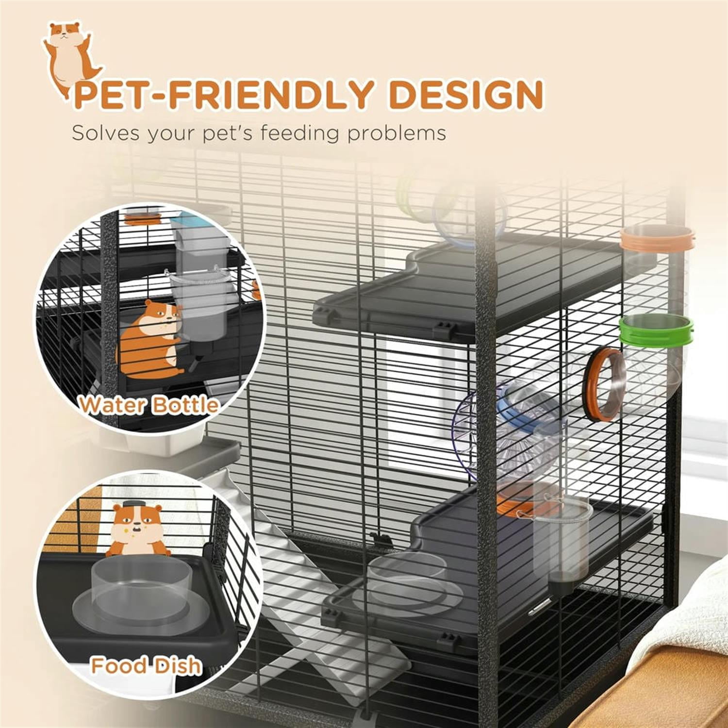 Demi Bonn 32" Large Hamster Cage, Gerbil Cage with Tubing System, Running Wheel, Ramps, Platforms, Small Animal Habitats for Syrian Gerbil, Black