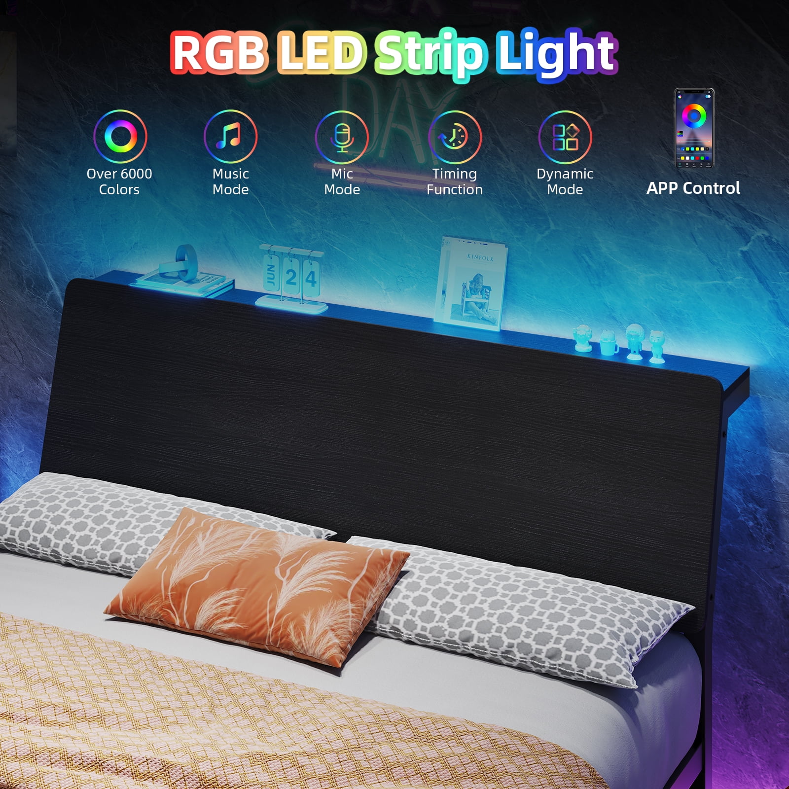4 EVER WINNER Queen Bed Frame with Storage Headboard and LED Light, Metal Platform Bed Frame with Wooden Headboard, No Box Spring, Black
