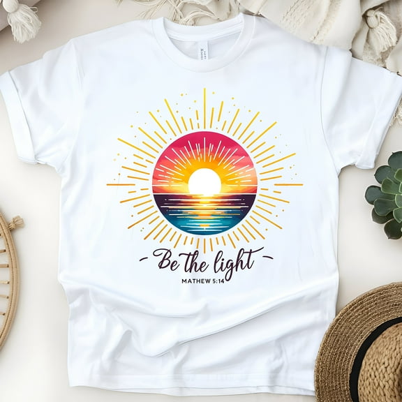 Christian Sunrise Graphic T-Shirt Be the Light Matthew 5:14, White, Size S