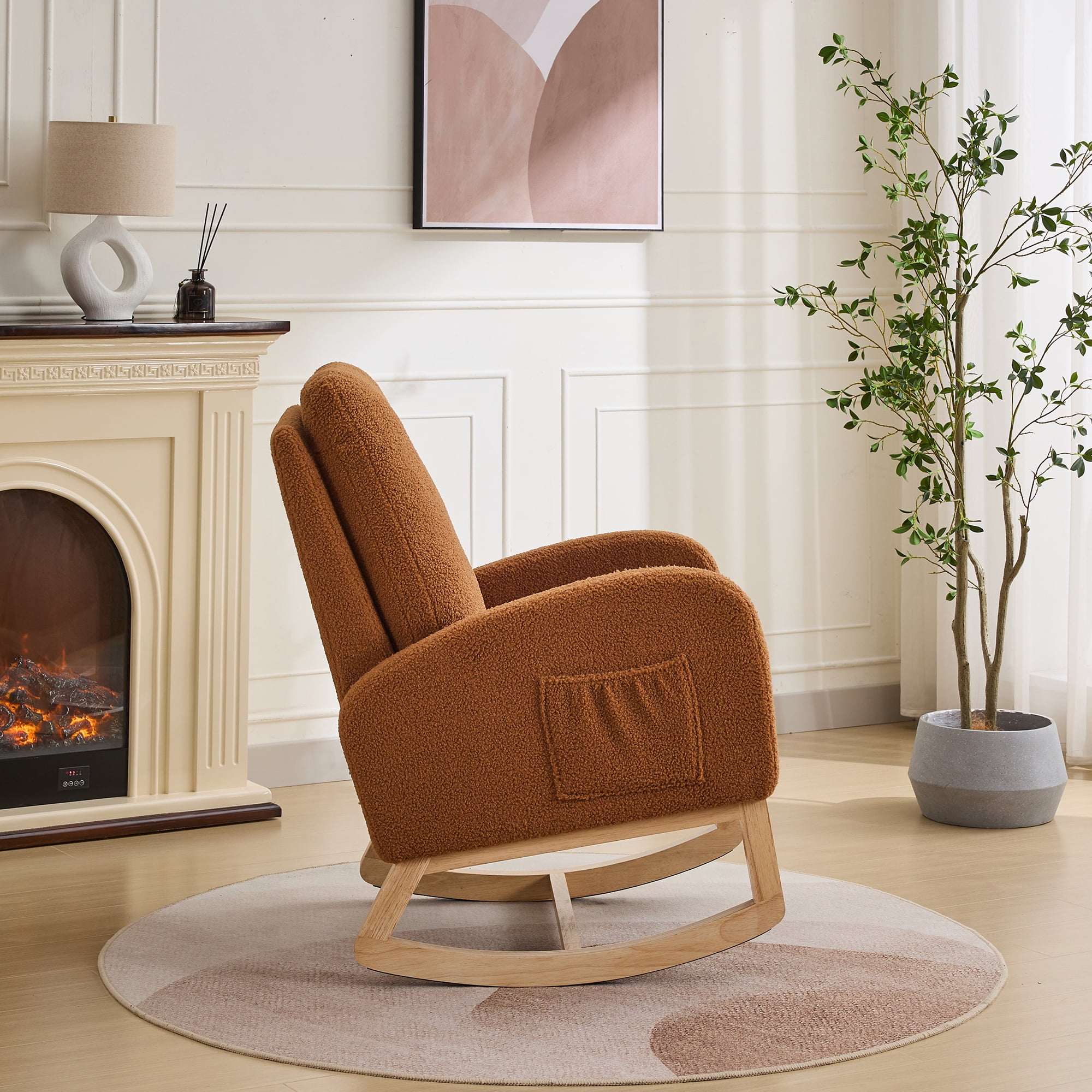 FFZ 27.2W Rocking Chair Nursery Sherpa Glider High Back Side Pocket Accent Armchair Rubber Wood Caramel