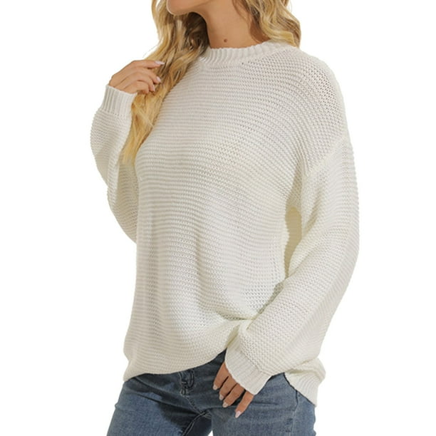 Gibobby Suéter casual mujer, Suéter ligero de manga larga con cuello redondo para mujer(Blanco,XG)