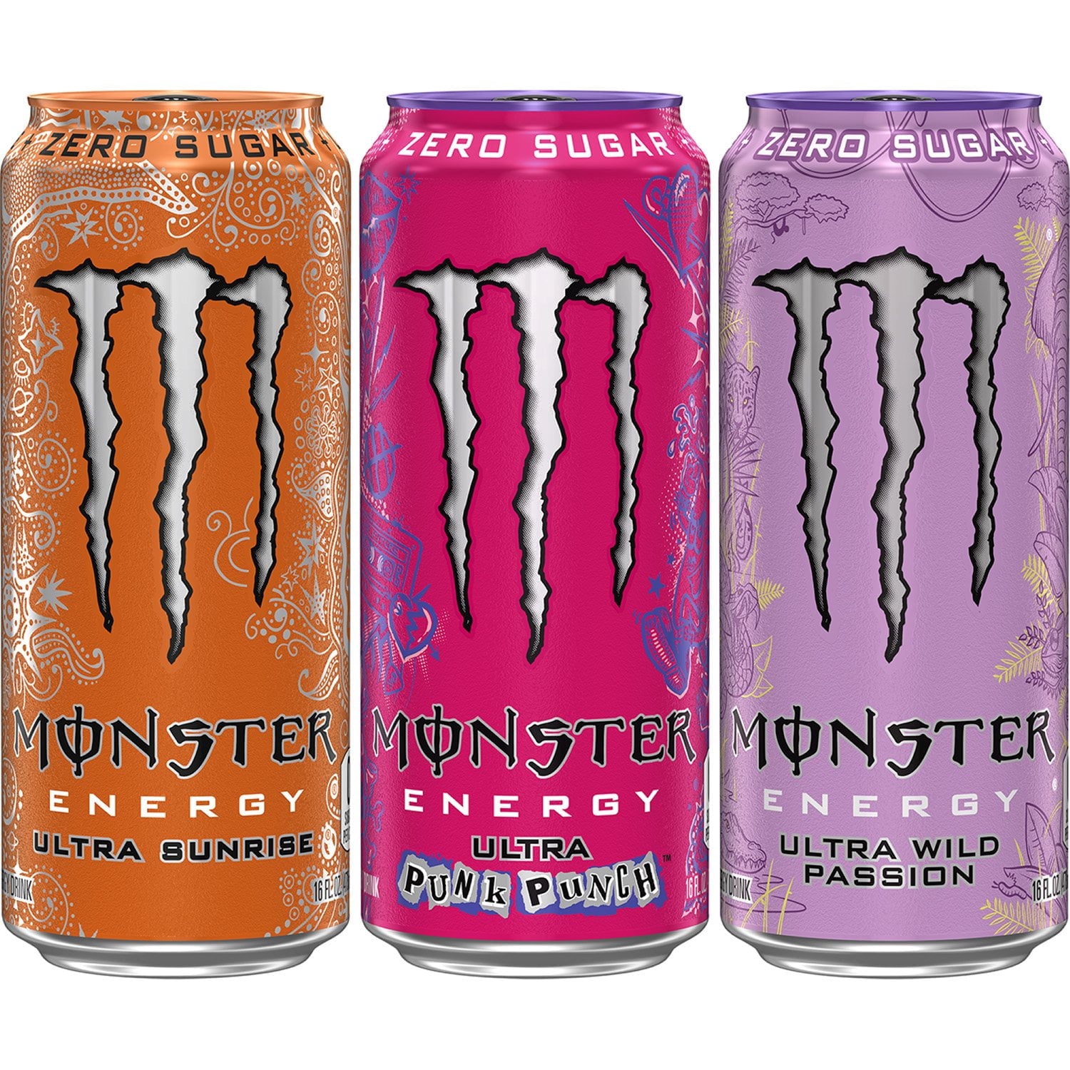 Monster Energy Sugar Free Ultra Variety Pack, 16 fl oz Cans, 3 Pack (Ultra Sunrise, Ultra Punch, Ultra Wild Passion)