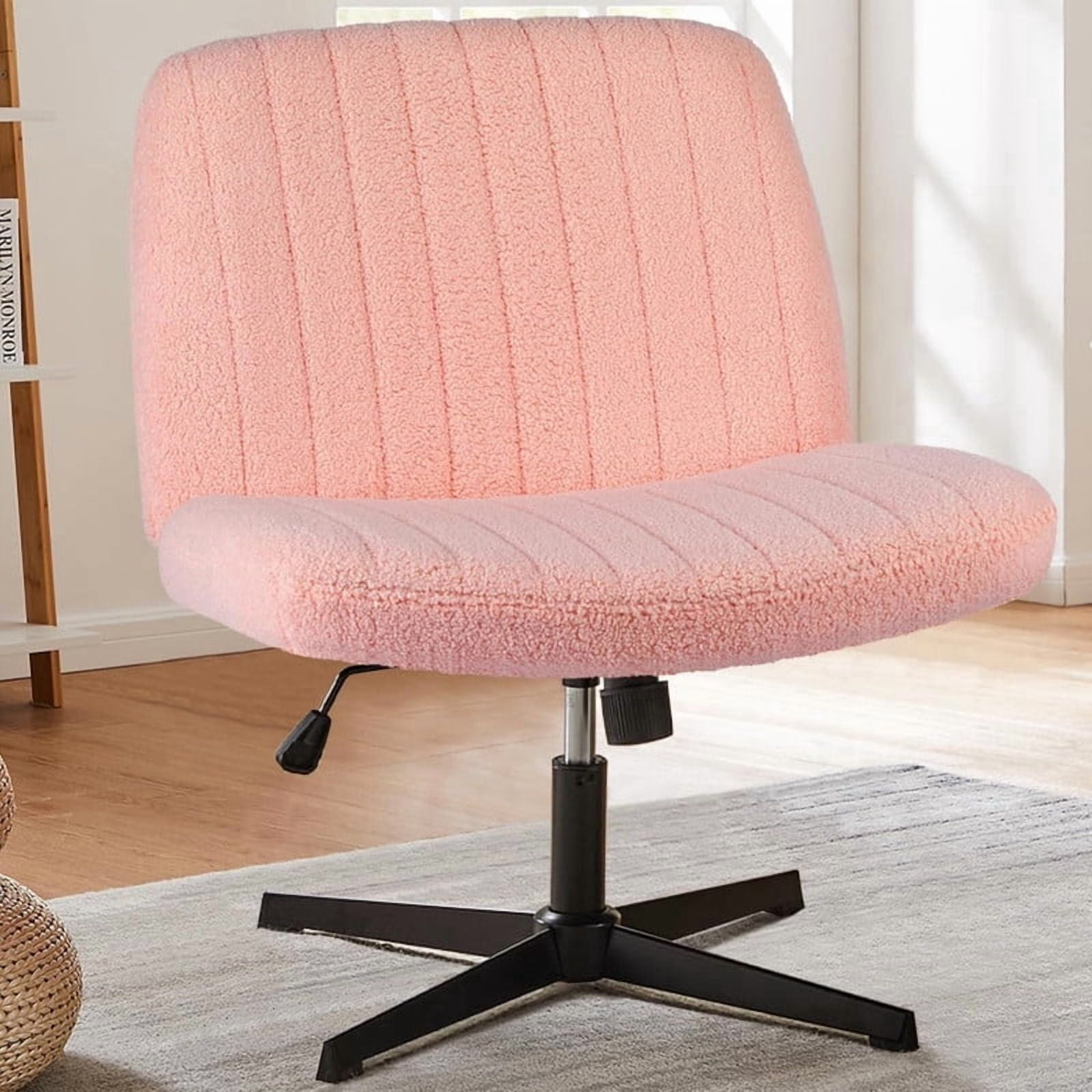Kelno Teddy Cross Legged Desk Chair Wide Seat Chair Ergonomic Height Adjustable Swivel Office Vanity Chair, Pink