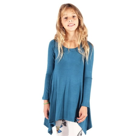 - Lori&Jane Girls Blue Solid Color Long Sleeved Hanky Hem Tunic Dress
