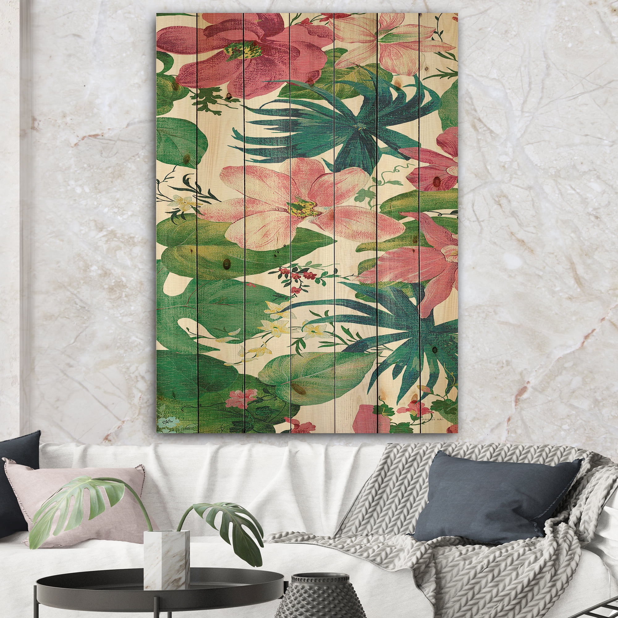 Designart 'Handpainted Pink Tropical Flowers' Cabin & Lodge Print on Natural Pine Wood