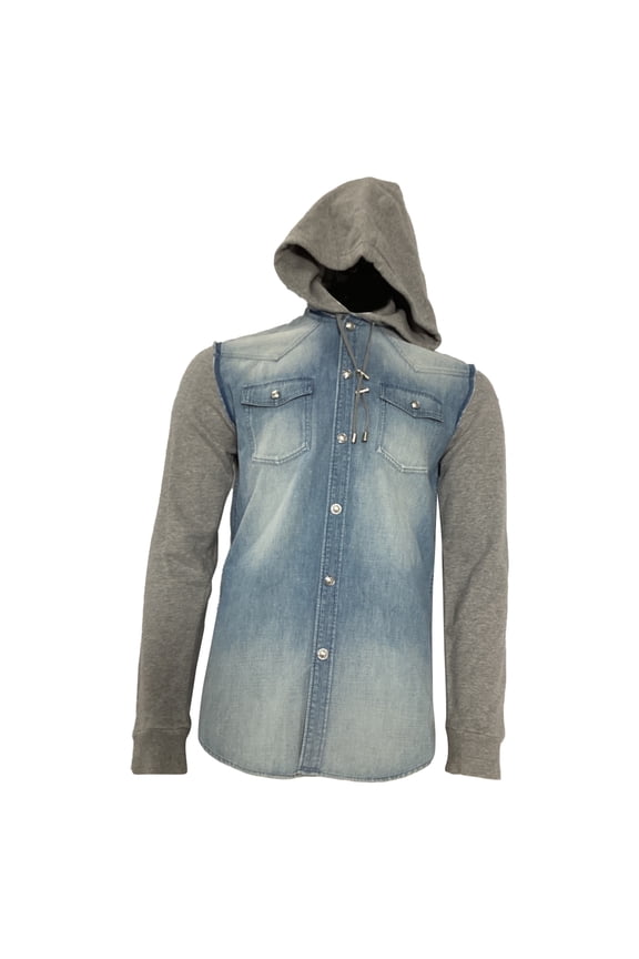 Pre-Owned Balmain Hooded Jacket in Blue Denim and Grey Cotton