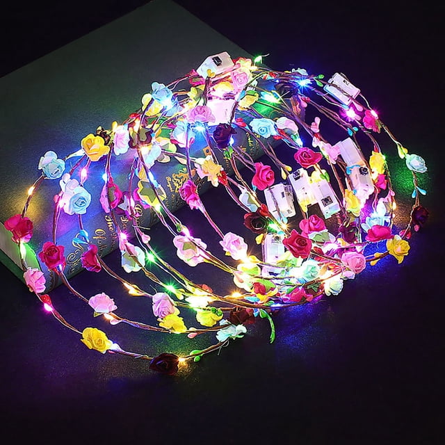 Diadema de flores LED con luces - Corona floral luminosa para festivales, bodas y fiestas - Recargable y ajustable para adultos y niños