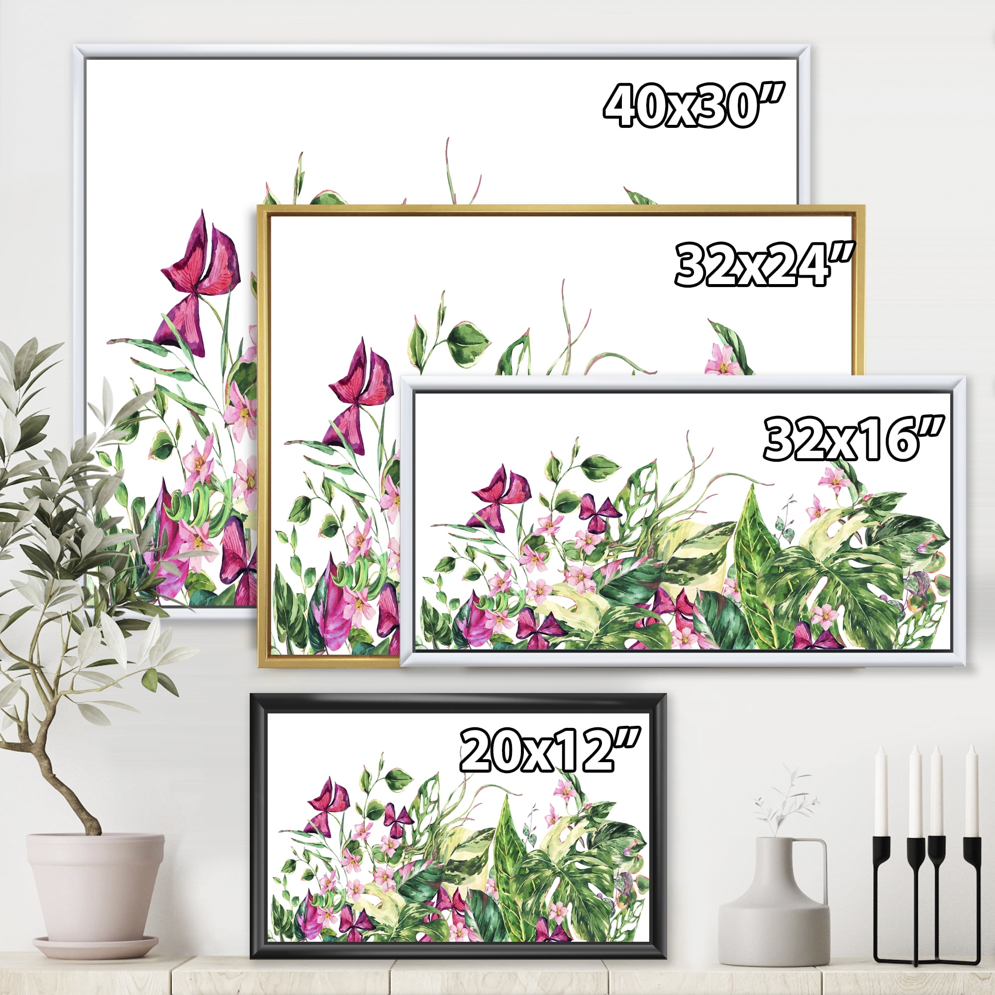 Designart 'Ancient Floral Tropical Leaves I' Tropical Framed Canvas Wall Art Print
