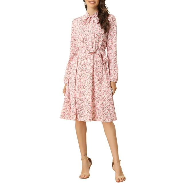 INSPIRE CHIC Robe Midi Ceinturée à Imprimé Floral Vintage en Mousseline à Manches Longues à Col Noué pour Femme P Roses