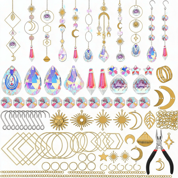 200 Pcs DIY Suncatcher Kit, Sun Catcher Glass Beads for Suncatchers with Crystal Prisms Chains For Adults Craft Window Garden Decor
