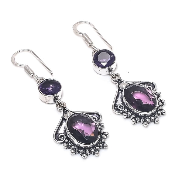 Natural Amethyst Gemstone Handmade 925 Sterling Silver Earring 2.17"