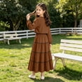 thumbnail image 6 of ZACPNCV Girls Elegant 2 Piece Skirt Set Long Sleeve V Neck Bow Front Top and Tiered Long Skirt Set Casual Spring Girls Suit 10-11Years Brown, 6 of 9