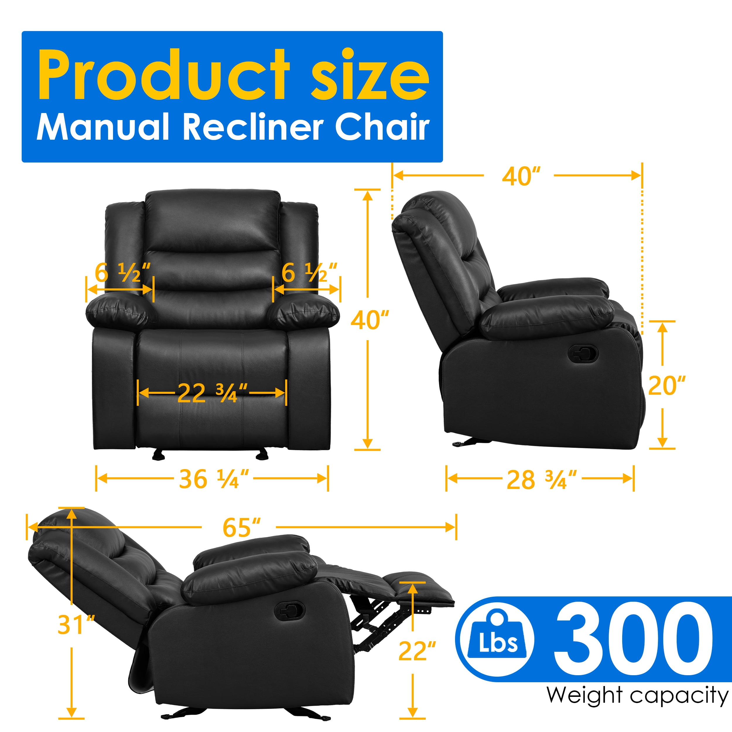 TrumanPick Recliner Chair PU Leather Rocker Recliners Sofa Chairs for Adults Lazy Boy Rocking Chair for Living Room, Black