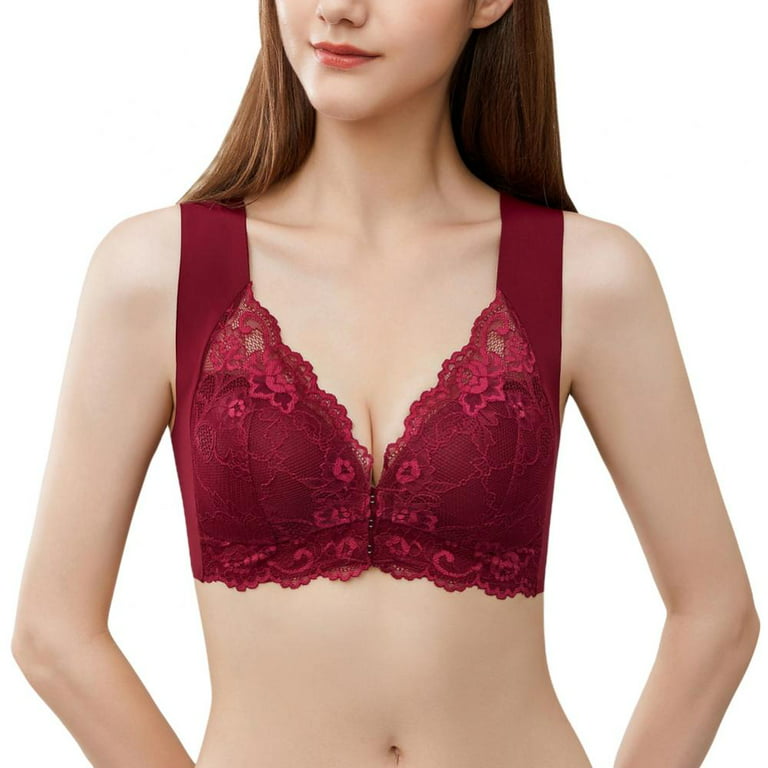Women Front Closure Padded Wireless Bra Floral Lace Widen Strap