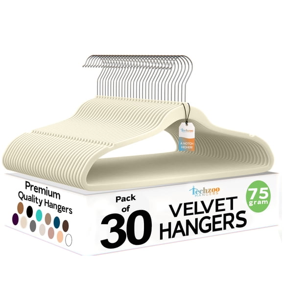 Perchas de terciopelo TechZoo Premium Ivory, paquete de 30 unidades, 10 libras de capacidad