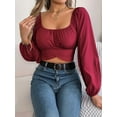 thumbnail image 4 of Women'S Ruched Wrap Square Neck Flounce Long Sleeve Self Tie Crop Top Blouse Wine Red S, 4 of 8