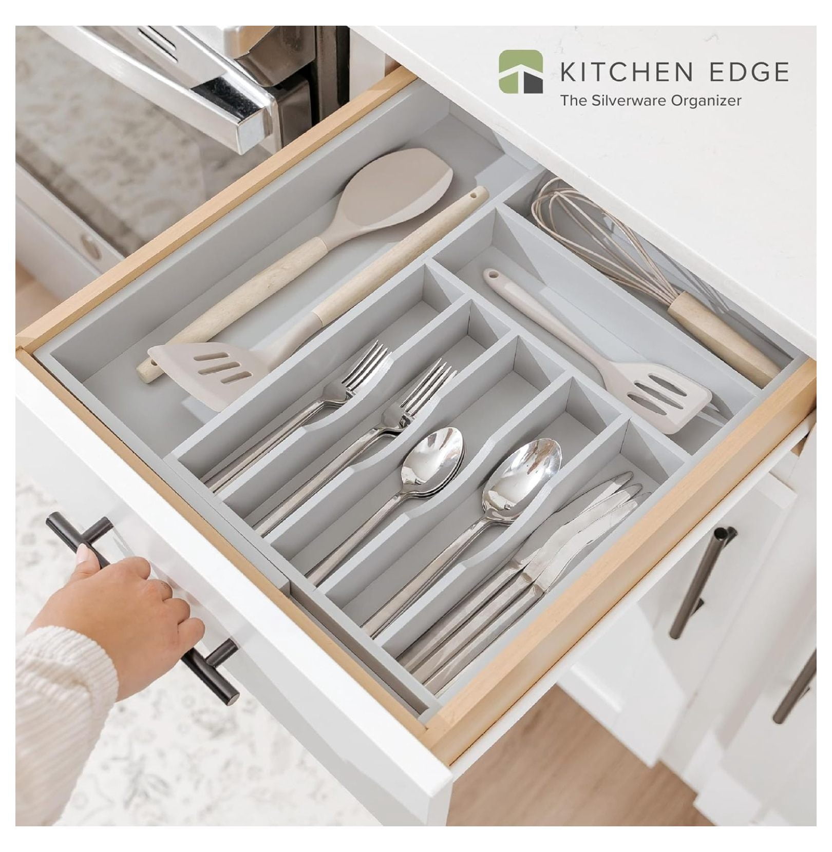 Premium Silverware, Flatware and Utensil Organizer for Kitchen Drawers, Food-Safe Contract Grade, Expandable from 10.5 to 19 In, Gray Bamboo