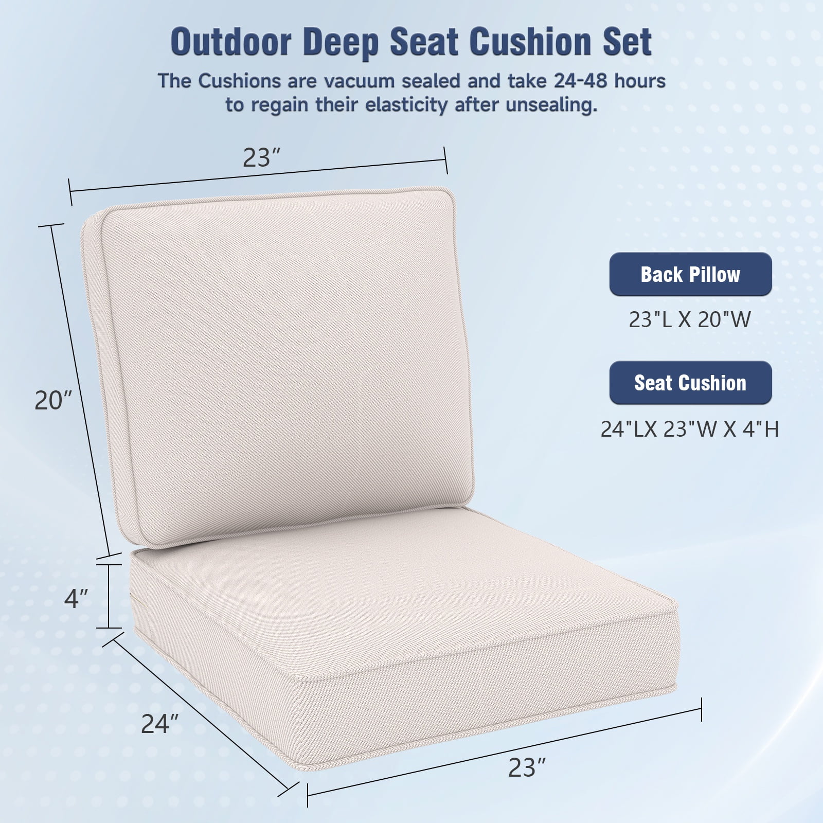 Feishominoo 23" x 24" x 4" Outdoor Back and Seat Cushions Set of 3, 6-Piece Replacement Deep Seating Cushions for Patio Furniture, Beige