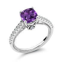 Gem Stone King 925 Sterling Silver Purple Amethyst and White Created Sapphire Ring for Women (1.70 Cttw, Cushion Cut 7MM, Gemstone Birthstone, Available in Size 5, 6, 7, 8, 9)