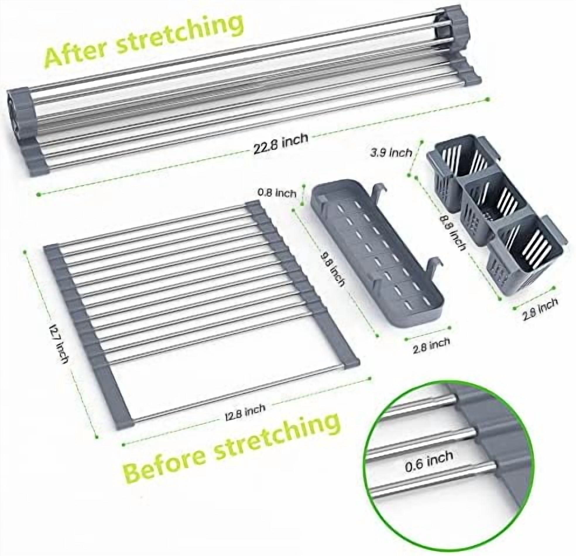 Expandable Roll Up Dish Drying Rack Up to 22.8''with 2 Storage Baskets,Over The Sink Kitchen Rolling up Dish Drainer Drying Rack, Foldable,Rollable,for Kitchen Dishes(Expandable Width Size)