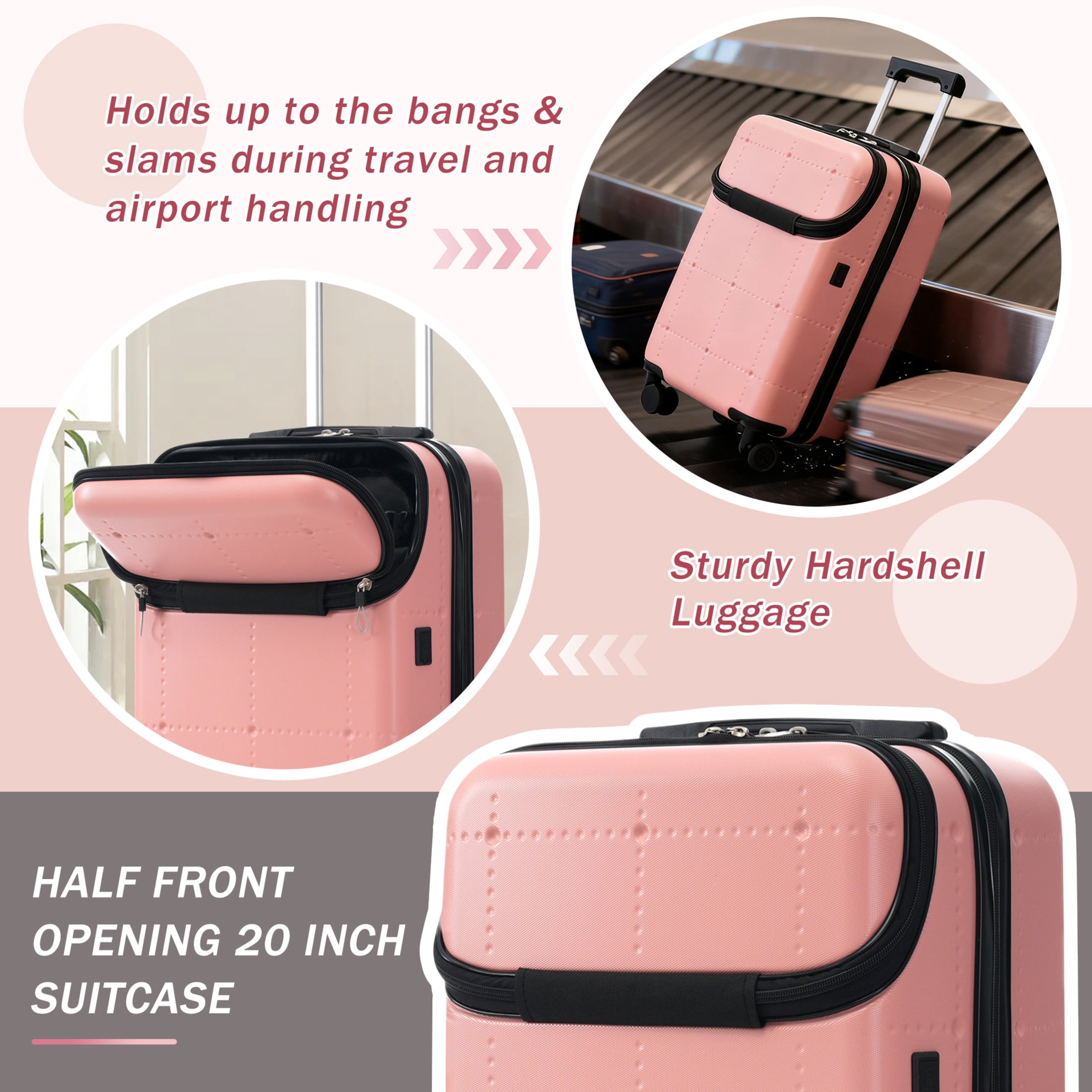 GDF Studio 5-Piece Hardside Luggage Set, Carry-On Suitcase with USB Port and Checked Bags, Spinner Wheels, Light Pink