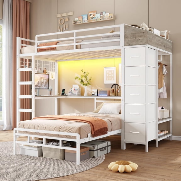 White Twin Over Twin Bunk Bed with Hall Tree, LED Gaming Bed with Storage & L-Shaped Desk underneath,Bed for Teens and Adults Small Bedroom Furniture