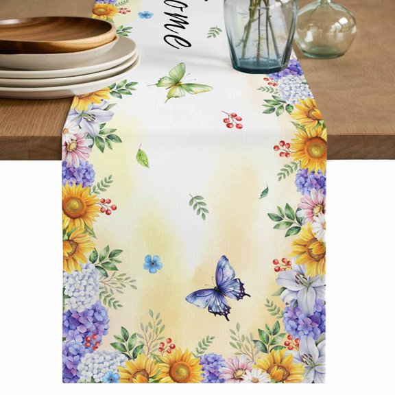 Table Runner - 70 Inch Long, Spring Wildflowers Kitchen Dining Table Runner Dresser Scarves, Watercolor Tulip Floral Leaf Plant Yellow Farmhouse Decor for Coffee Tables Wedding Party Banquet