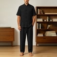 thumbnail image 4 of Men's Cotton Linen Kung Fu Uniform 2 Piece Set Loose Fit Breathable Lightweight Tai Chi Clothing for Training and Practice Short Sleeved Shirt Tops and Pants Size 5XL Black, 4 of 9