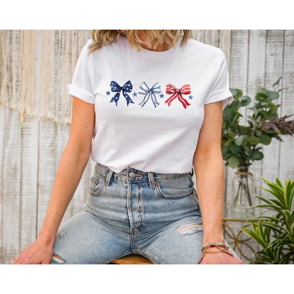 Moonlight Apparel 4th of July Multicolor Bow T-Shirt Women’s Patriotic Graphic Tee with Stars & Stripes Design Independence Day USA Flag Shirt