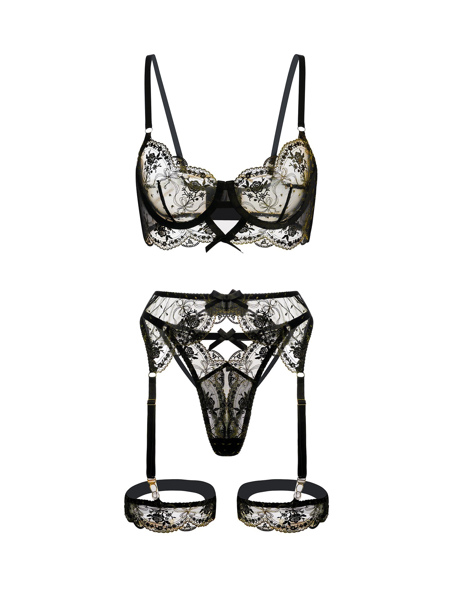Sheer Black &Golden Embroidery Lingerie Set (BLACK, L)