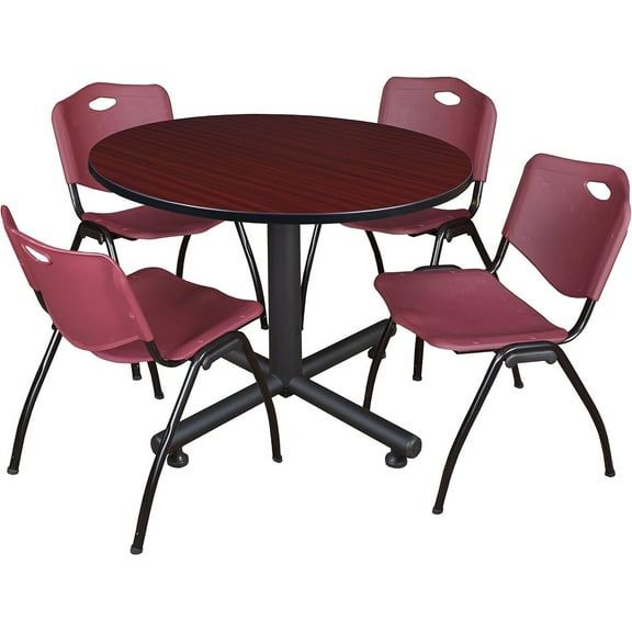 HomeStock Island Interiors 48" Round Breakroom Table- Mahogany & 4 'M' Stack Chairs- Burgundy, Ideal for Cafeterias, Dining, and Office Spaces