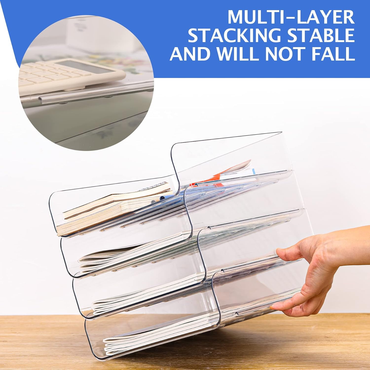Modular Stackable Desk Organizer, Set of 4 Clear PET Letter Trays for Paper, Documents, Pens & Office Supplies - Space Saving Office Storage
