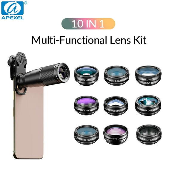 APEXEL 10 in 1 Mobile phone Lens Kit 22X Telephoto Fisheye lens Wide Angle Macro Lens CPL Star Flow Filters for all smartphones