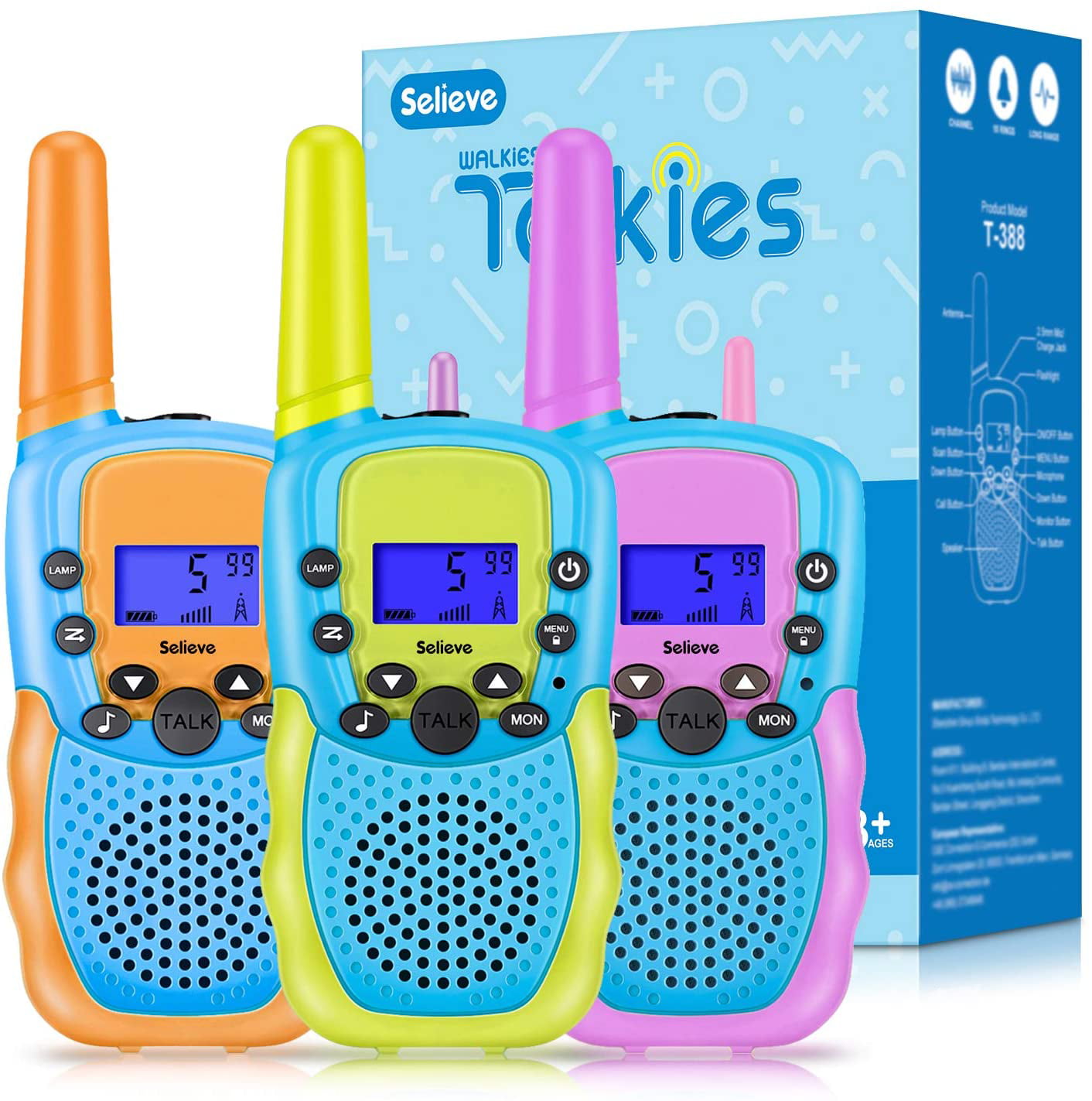 Protect Privacy Perfect Toy Gift for Boys Girls Up to 3KM Range Connection Easy Push-to-talk System Multifunction Kids Walkie Talkie Built-in Flashlight 22+99 Channels Walkie Talkies for Kids 