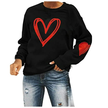 

Valentine s Day Womens Long Sleeve Heart Print Pullover Sweatshirt Tops Blouse black long sleeve shirt women corset tops for women Black XXL