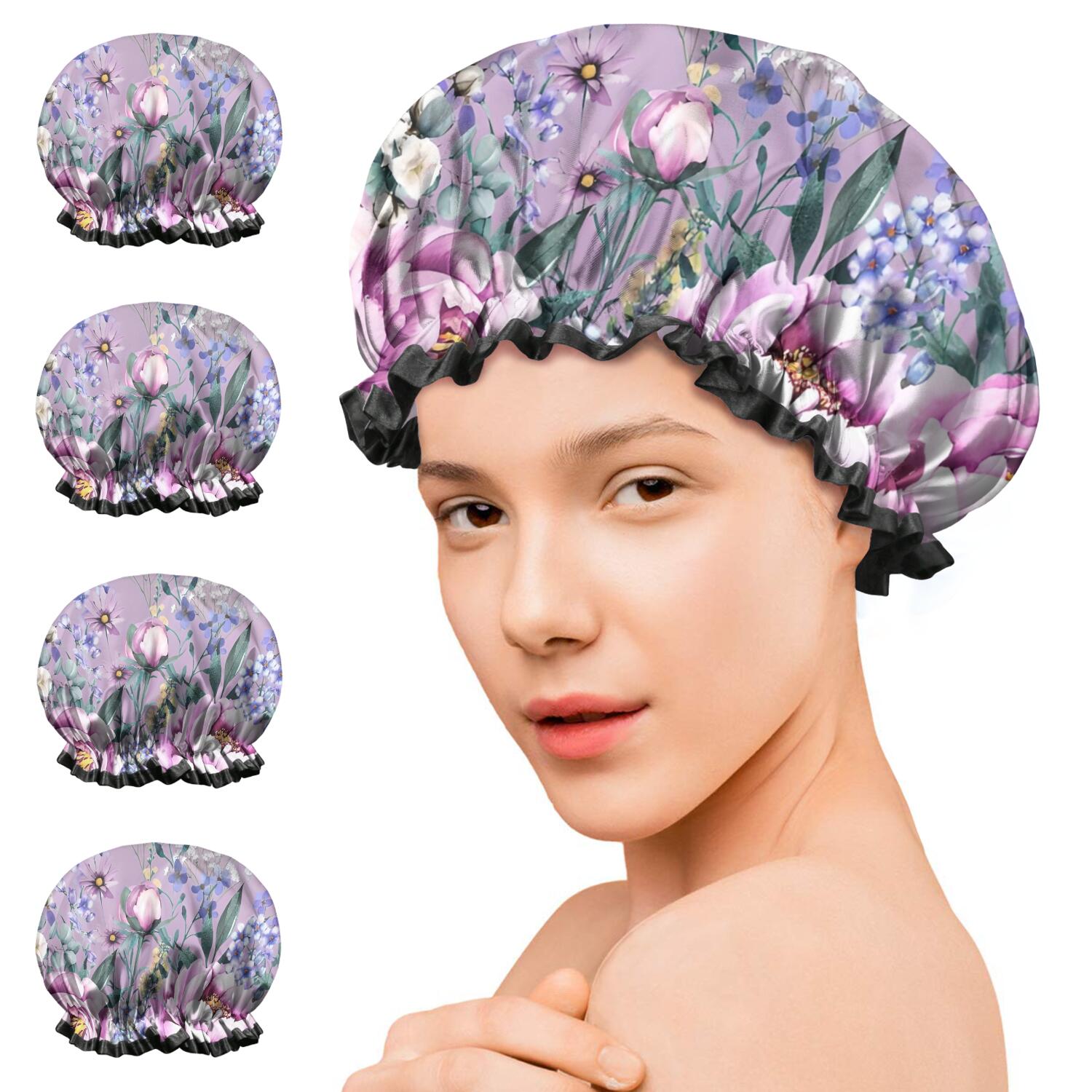 Shower Caps,Purple Butterfly Flower Butterfly Pattern Waterproof Shower Cap for Women 4 Pieces,Double Reusable Hair Cover for Shower PEVA Elastic Stretch Hem