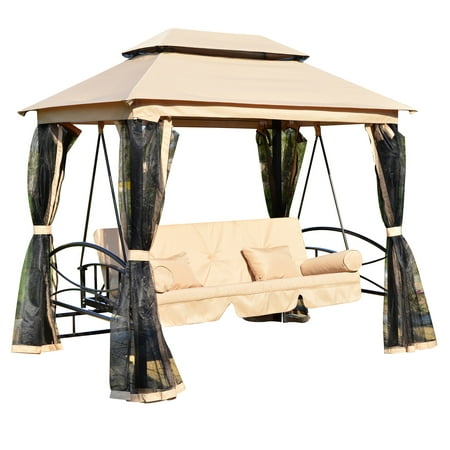 Outsunny Outdoor 3 Person Patio Daybed Canopy Gazebo Swing - Tan w/ Mesh Walls