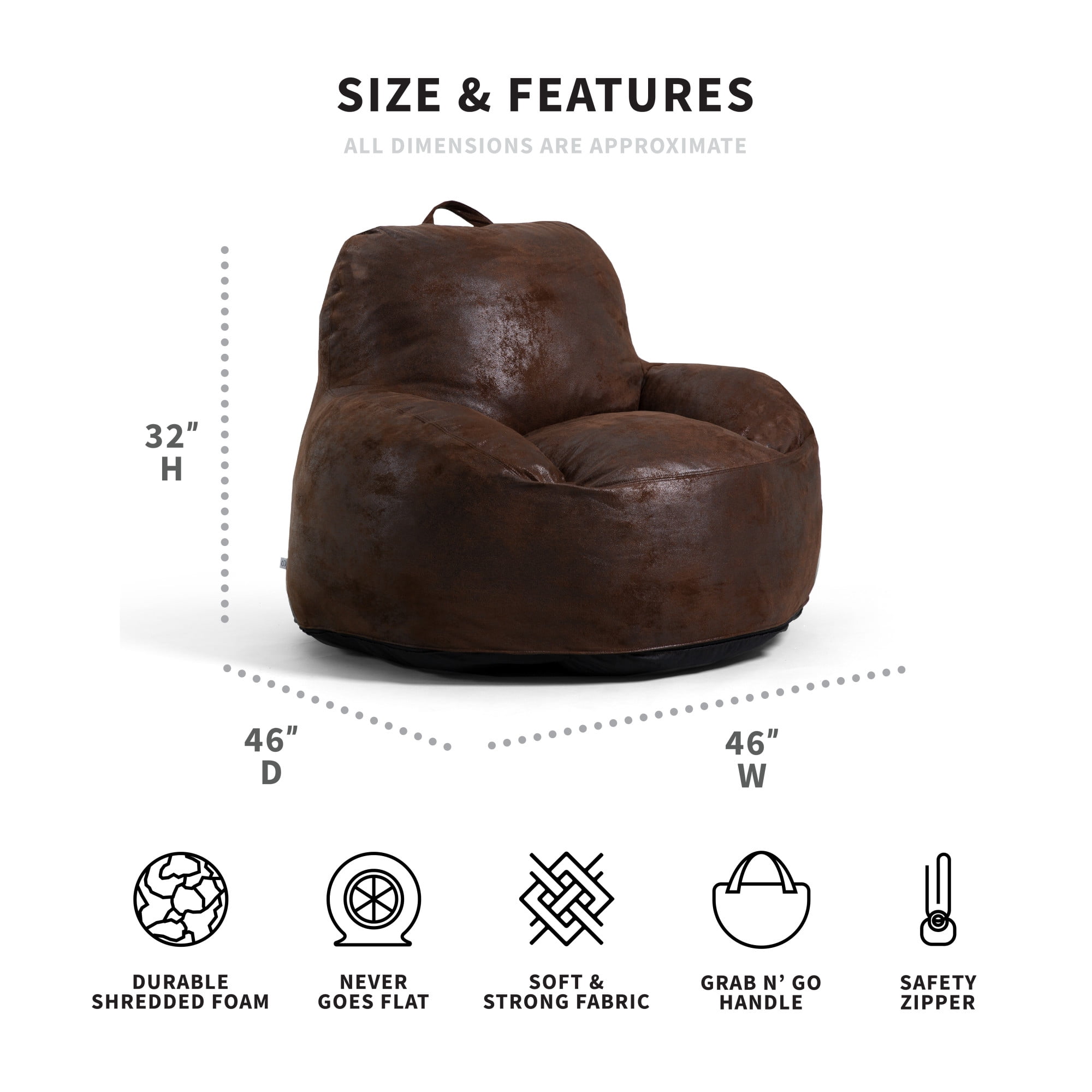Big Joe Nestle Large Bean Bag Chair, Espresso Blazer, Vegan Leather, 4 Feet