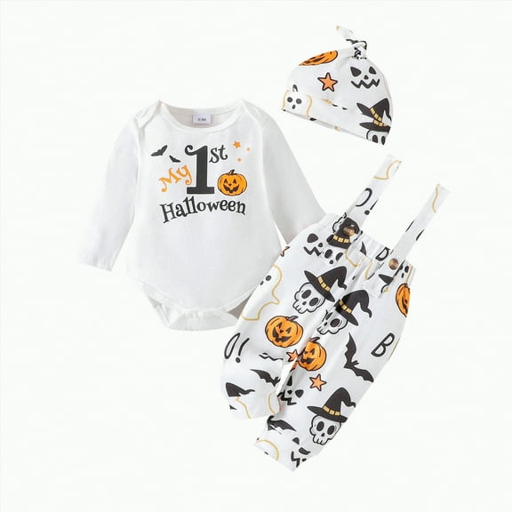 CAUYDY Toddler Baby Boy Halloween Outfit Little Pumpkin Embroidery Crewneck Sweatshirt and Jogger Pants Set Fall Clothes(White,0-3 M)