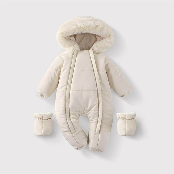 Baby Winter Snowsuit Toddler Fleece Romper Hooded Jumpsuit Infant Boys Girls Warm Zipper Outerwear with Foot Cover Beige 9-12 Months