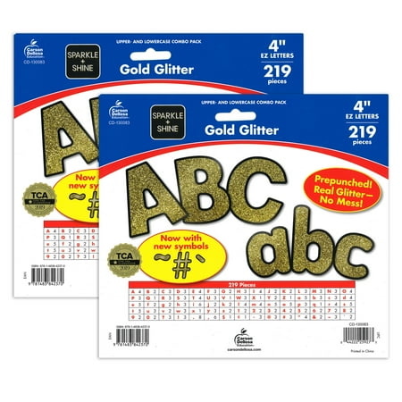 UPC: 0194629078974 | Carson Dellosa Education Sparkle + Shine Gold Glitter Combo Pack EZ Letters 4-inch 219 Pieces Per Pack 2 Packs